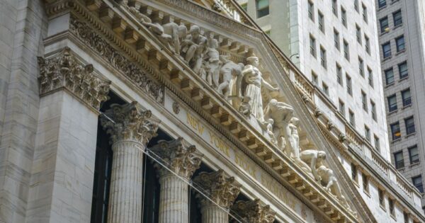 Classic architecture of the New York Stock Exchange facade in NYC.