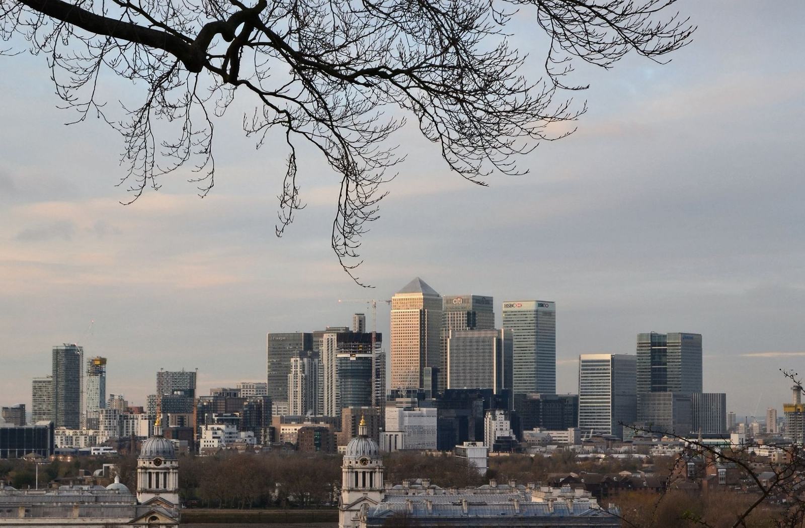 View of Canary Wharf skyline in London at dusk, framed by tree branches.