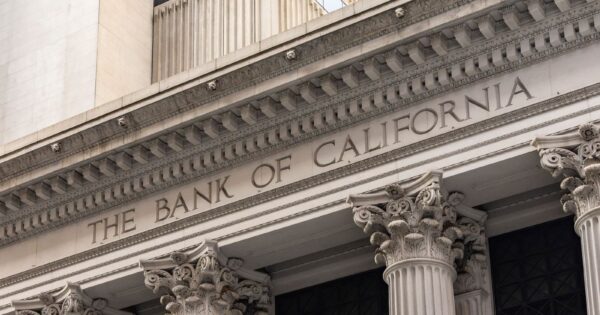 Close-up of Bank of California with classic architecture and columns.