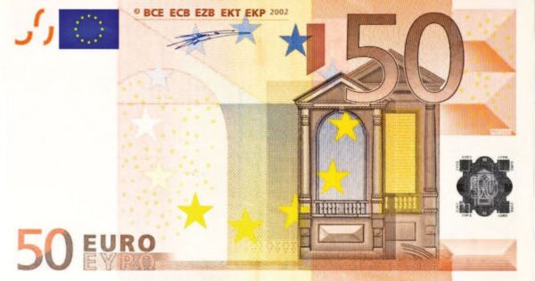 Detailed image of a 50 euro banknote featuring European Union symbols and architecture.