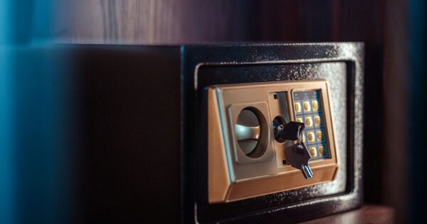 Close-up image of an electronic safe with a key in Baghdad, Iraq.