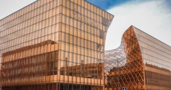 Stunning modern architectural design of a glass building in Malmö, Sweden.