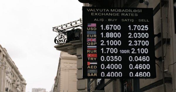 Currency exchange rates sign on a street in Baku, Azerbaijan.