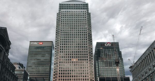View of HSBC and Citi buildings in London's Canary Wharf business district.