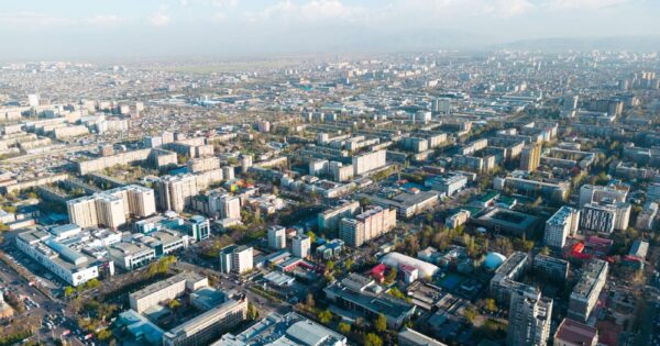 Stunning aerial view of Bishkek city showcasing urban development and architecture in Kyrgyzstan.